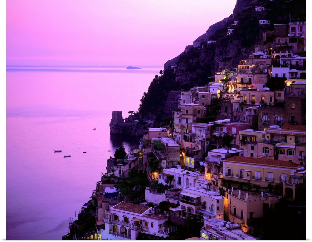 Italy, Campania, Positano, Amalfi coast, view over town at dusk