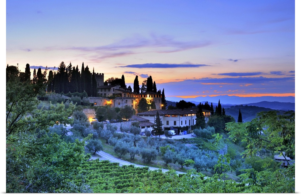 Italy, Tuscany, Firenze district, Chianti, Vineyards and Castello Di Verrazzano farm near Greve at dusk.