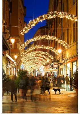 Italy, Emilia-Romagna, Bologna, Via D'Azeglio shopping with Christmas lights