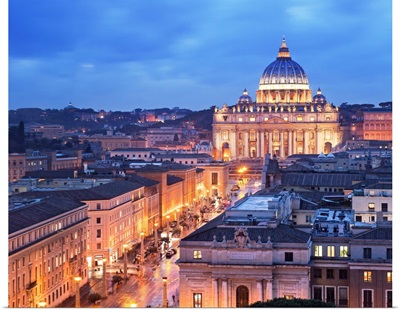 Italy, Latium, Rome, Saint Peter's Square, Saint Peter's Basilica Illuminated At Dusk