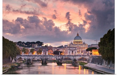 Italy, Latium, Tevere, Rome, Sunset Over Saint Peter's Basilica And The Tiber River