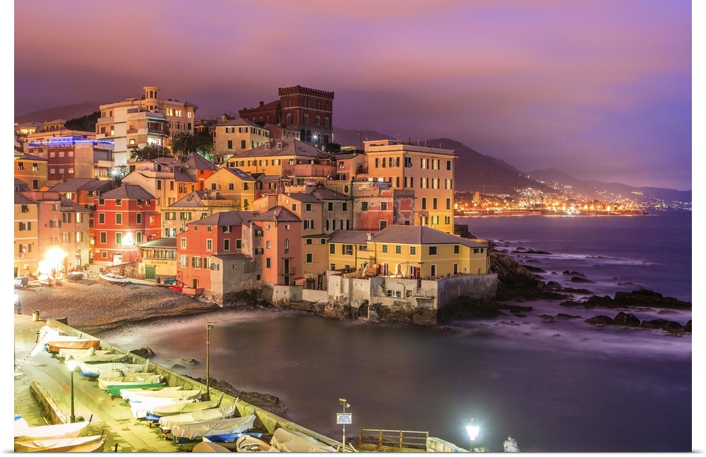 Italy, Liguria, Mediterranean sea, Ligurian sea, Ligurian Riviera, Genova district, Genoa, Boccadasse at night.