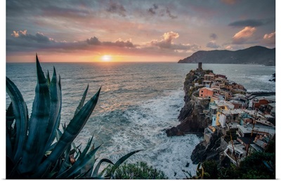 Italy, Liguria, Mediterranean Sea, Ligurian Sea, Cinque Terre, View Of Vernazza, Sunset