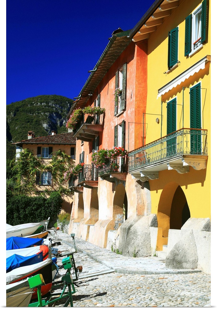 Italy, Lombardy, Mediterranean area, Lecco district, Como Lake, Mandello del Lario, The coloured houses on the tiny harbour