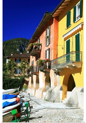 Italy, Lombardy, Como Lake, Mandello del Lario, colored houses on the tiny harbor