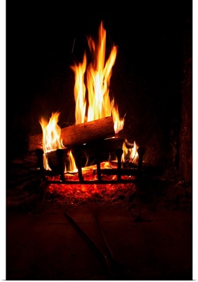 Italy, Manziana, Roma district, Wood log burning in a fireplace