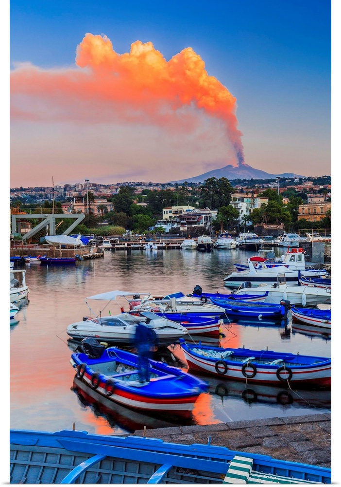 Italy, Sicily, Mediterranean area, Catania district, Ognina, Harbor and erupting Mount Etna (26 October 2012).