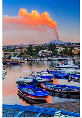 Italy, Ognina, Harbor and erupting Mount Etna