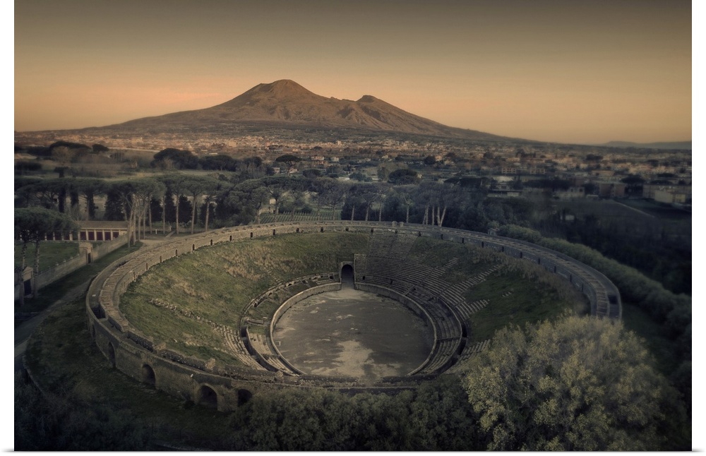 Italy, Campania, Napoli district, Pompeii, Vesuvio vulcan and the Amphitheater of Pompeii archeological site