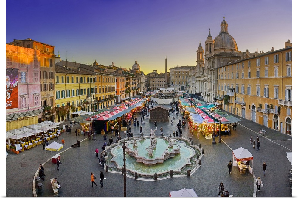 Italy, Rome, Christmas fair at dusk, overview