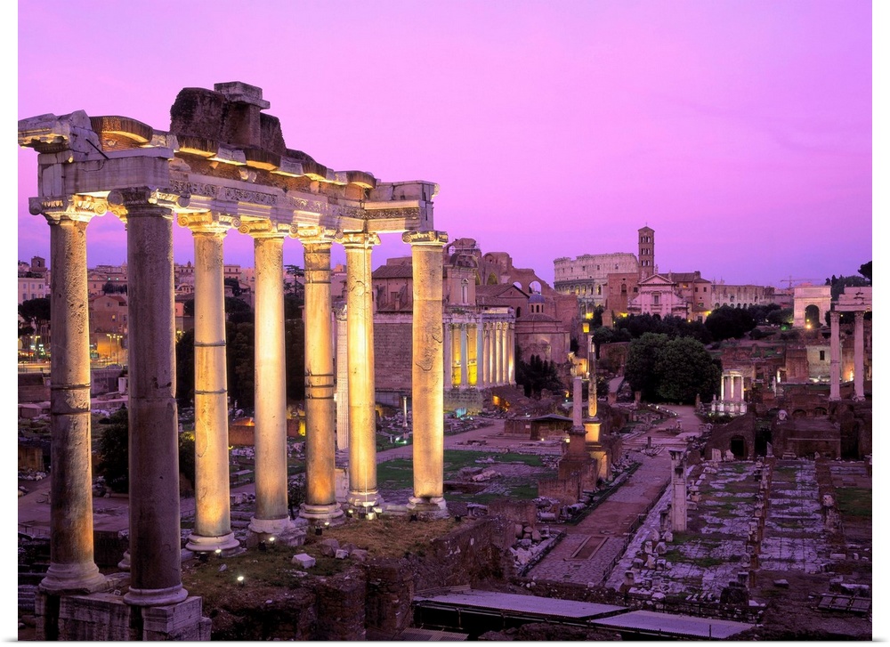 Italy, Rome, Roman Forum, and Coliseum, night illuminated