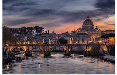 Italy, Rome, St Peter's Basilica And Ponte Sant'angelo On The Tiber River