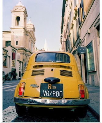 Italy, Rome, yellow Fiat 500, via del Babuino, near Piazza Garibaldi