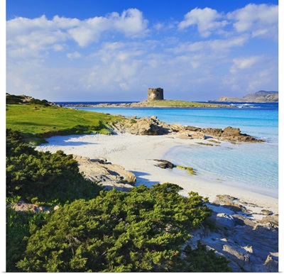 Italy, Sardinia, Stintino, La Pelosa beach, View of the beach with the Isola Piana Tower