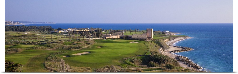 Italy, Sicily, Mediterranean sea, Agrigento district, Sciacca, Hotel, golf course and Verdura Tower of the Verdura Golf an...