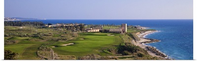 Italy, Sciacca, Hotel, golf course and Verdura Tower of the Verdura Golf and Spa Resort