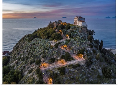 Italy, Sicily, Costa Saracena, Church Of Monte Della Madonna And Aeolian Islands