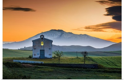 Italy, Sicily, Little Church In Borgo Franchetto, Mount Etna In The Background