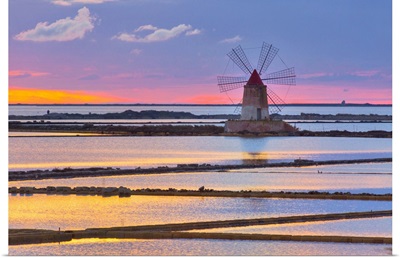 Italy, Sicily, Mediterranean Sea, Mills At Sunset At The Ettore Infersa Saline