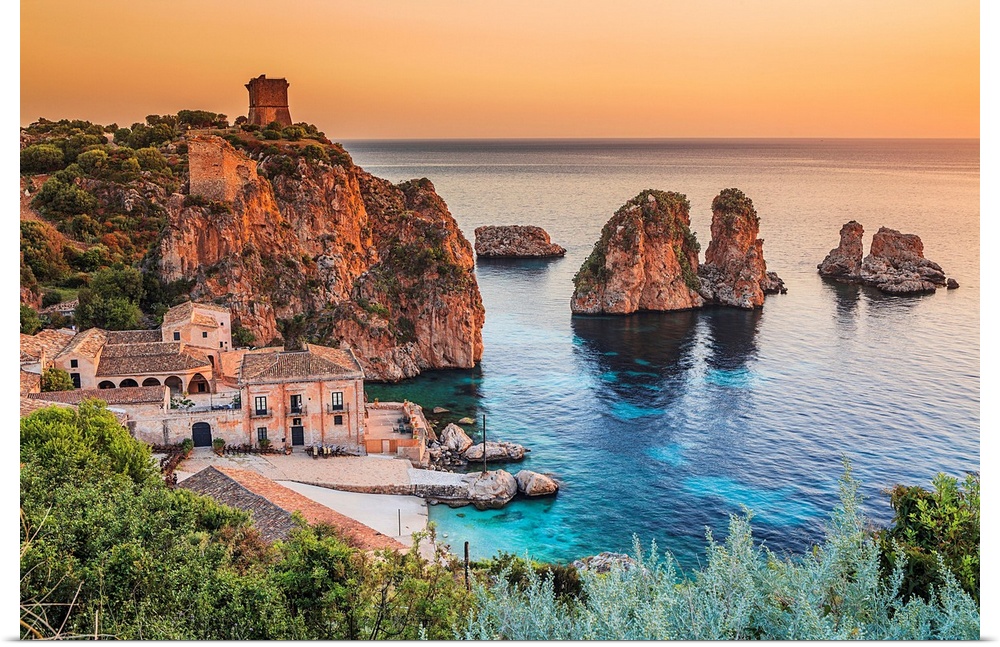 Italy, Sicily, Mediterranean sea, Trapani district, Scopello, Tonnara and faraglioni, sea stacks.