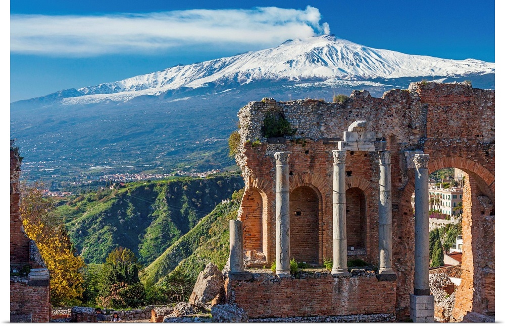 Italy, Sicily, Messina district, Taormina, Greek Theatre and Mount Etna in background
