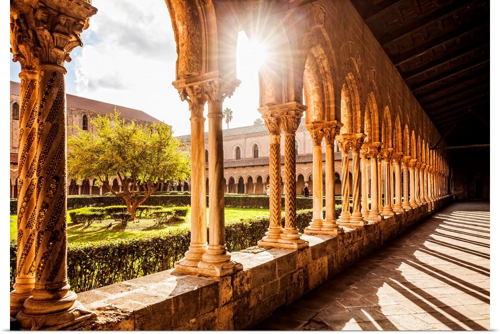 Italy, Sicily, Monreale, The cloister of the Benedictine Abbey next to the cathedral.