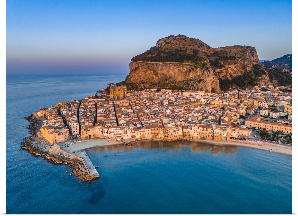 Italy, Sicily, Palermo district, Cefalu, Mediterranean sea, Tyrrhenian sea, Aerial view.