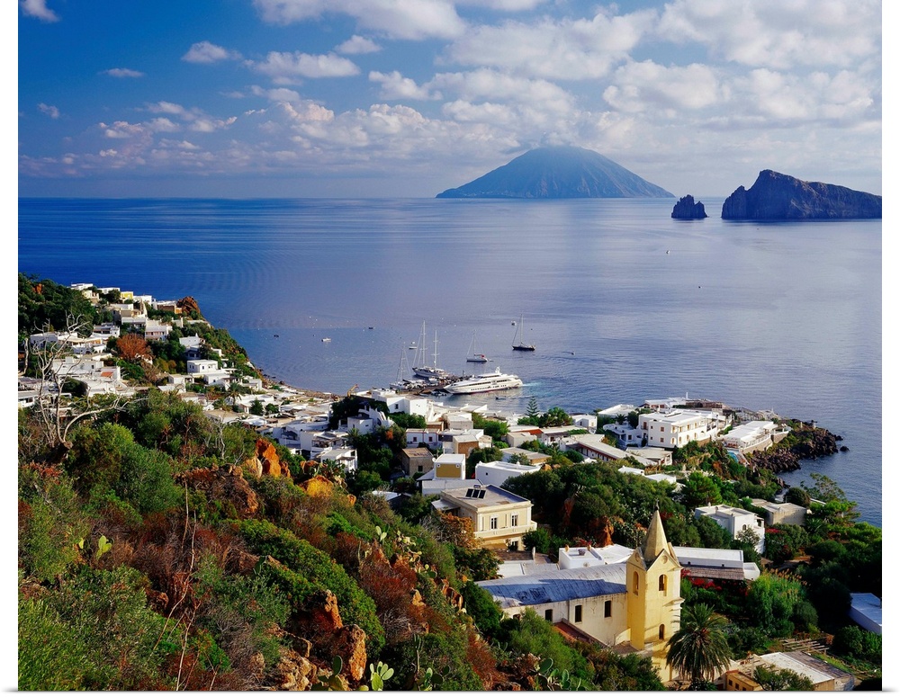 Italy, Sicily, Panarea island, view towards village of San Pietro, Basiluzzo islet