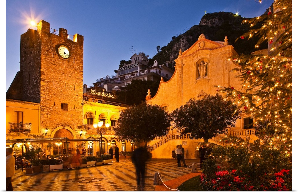 Italy, Sicily, Taormina, Clock tower and San Giuseppe church