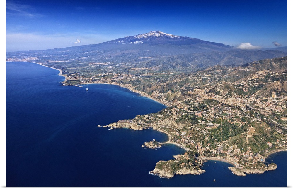 Italy, Sicily, Mediterranean sea, Messina district, Taormina, Aerial view of Spisone bay, Sant'Andrea cape, Mazzar.. bay, ...
