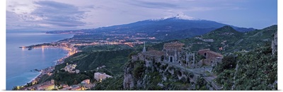 Italy, Sicily, Taormina, View of the Ionic Coast from Taormina to Catania