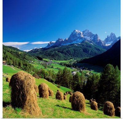 Italy, South Tyrol, Haystacks in Sesto towards Dolomites of Sesto