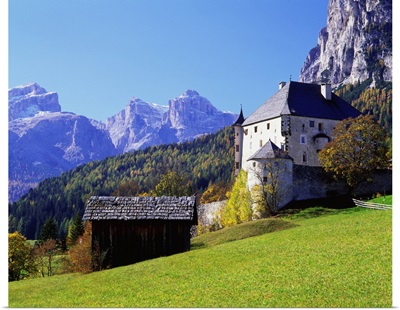 Italy, Trentino-Alto Adige, Alps, Dolomites, Colz castle and Sella mountains