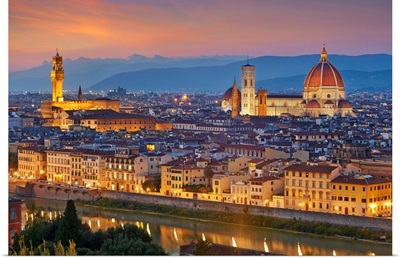 Italy, Tuscany, Firenze District, Florence, Cityscape With Palazzo Vecchio And Duomo