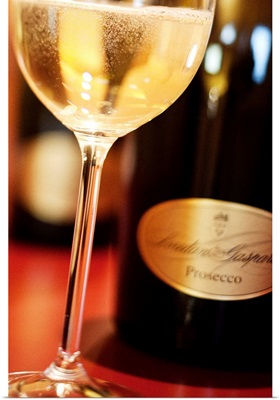 Italy, Veneto, Conte Loredan Gasparini cellar, glass and bottles of Prosecco wine