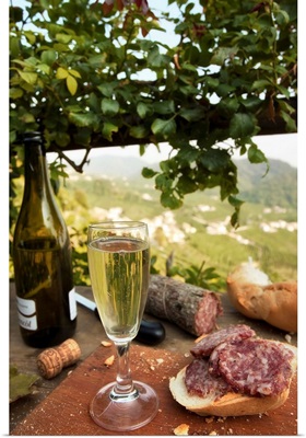 Italy, Veneto, Prosecco Road, Valdobbiadene, salame and Prosecco wine
