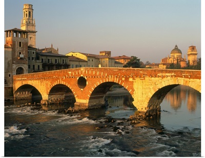 Italy, Veneto, Verona, Ponte Pietra, Church of San Giorgio in Braida in background