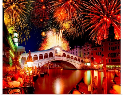 Italy, Venice, Rialto Bridge at night with fireworks