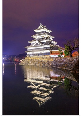 Japan, Chubu, Matsumoto, Matsumoto Castle During The Cherry Blossom, Sakura, By Night