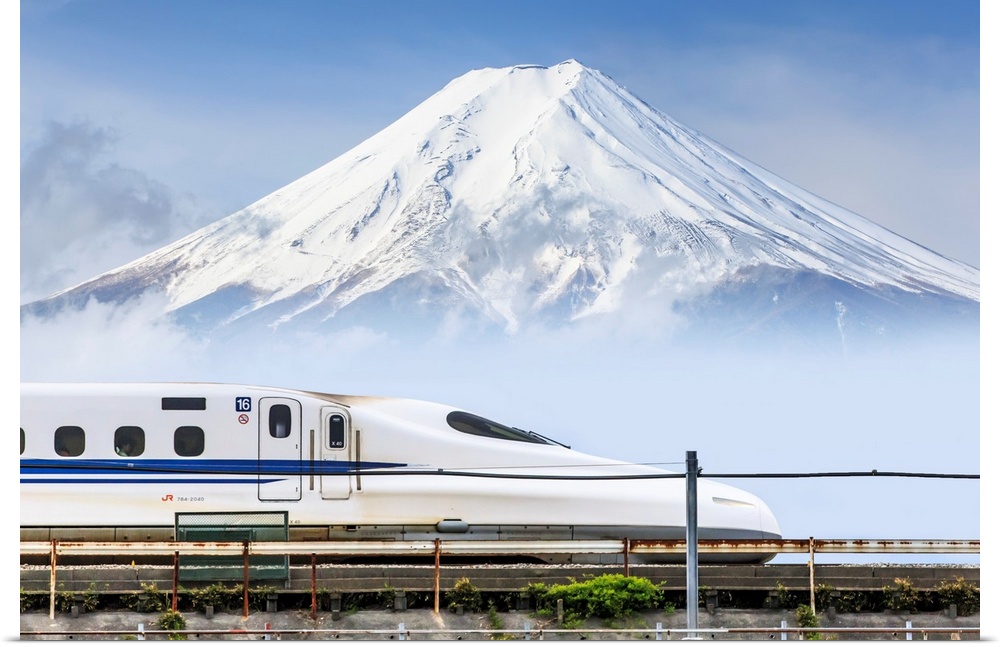 Japan, Chubu, Shinkansen, bullet train, and Mount Fuji in the background.