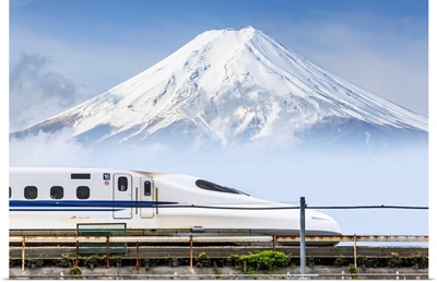Japan, Chubu, Shinkansen, Bullet Train, And Mount Fuji In The Background
