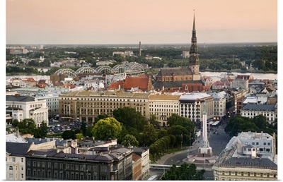 Latvia, Riga, Cityscape with view of the Freedom Monument and St Peter's Church