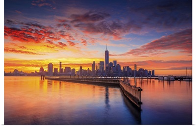 Lower Manhattan Skyline With One World Trade Center From New Jersey, At Sunrise