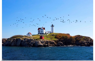 Maine, New England, Nubble Lighthouse On The Savage Rock With A Flock Of Birds Flying By
