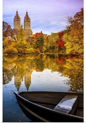Manhattan, Central Park, Boat And San Remo Apartment Building In The Foliage