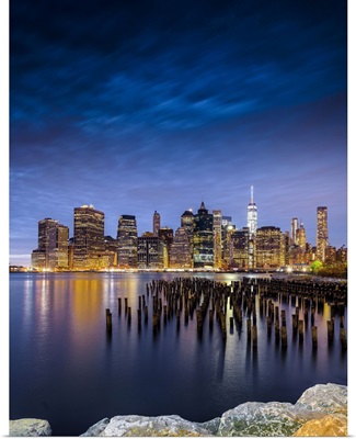 Manhattan, Downtown Skyline With Freedom Tower At Night, View From Brooklyn Bridge Park