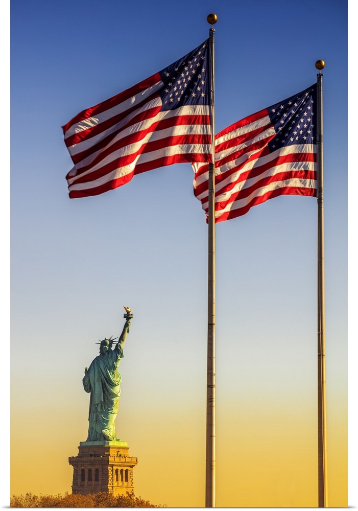 USA, New York City, Manhattan, Lower Manhattan, Liberty Island, Statue of Liberty and American Flags