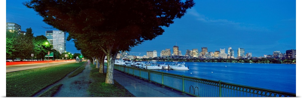 Massachusetts, Boston, View of the skyline and the Charles River at night