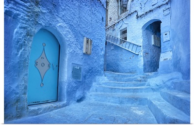 Morocco, Rif Mountains, Chefchaouen, Typical Blue Painted Houses In The Old Town