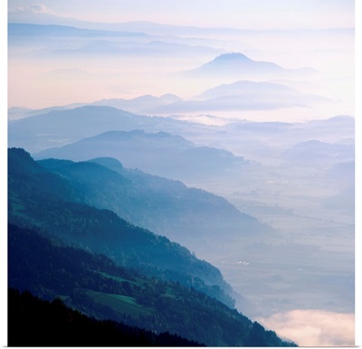 Mountains and hills in mist